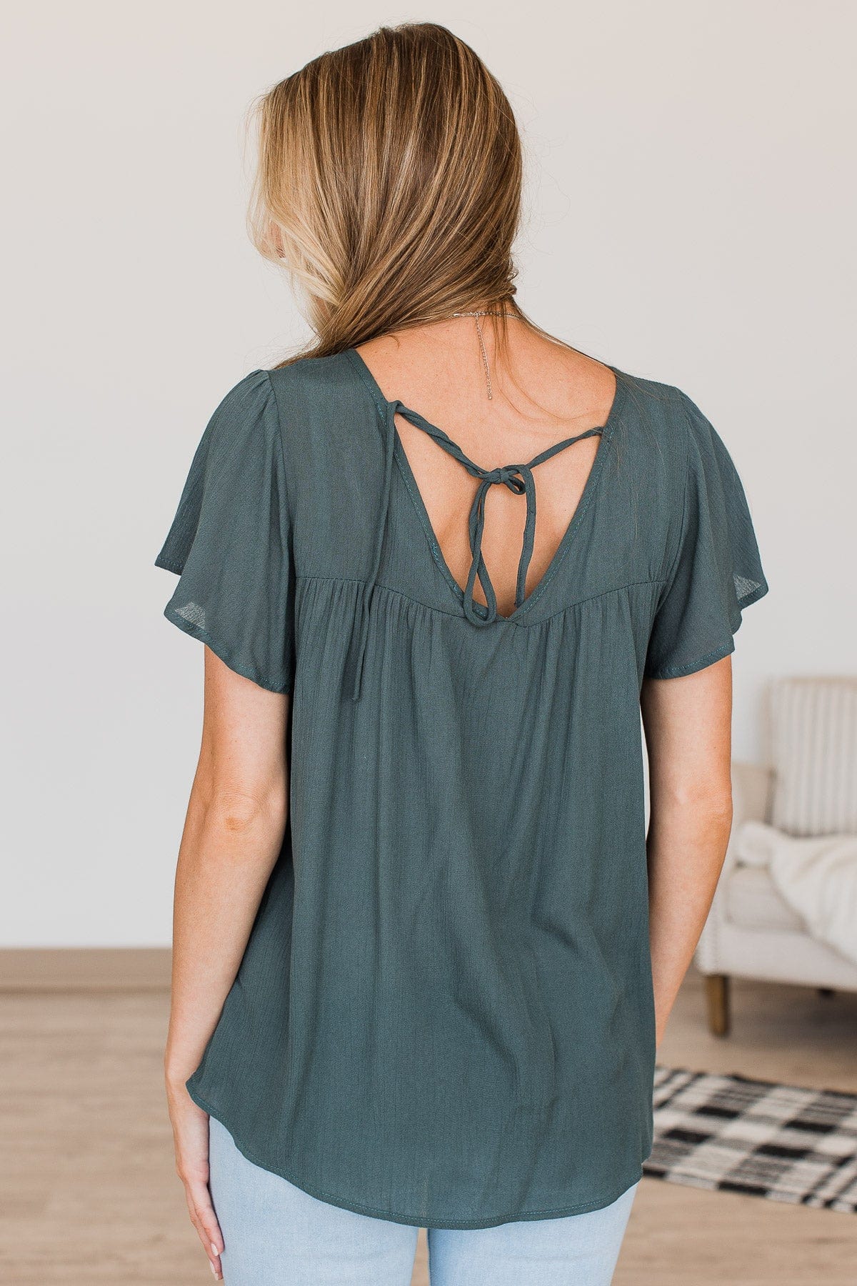 Prim & Proper Flutter Sleeve Top- Dark Teal - Image 11