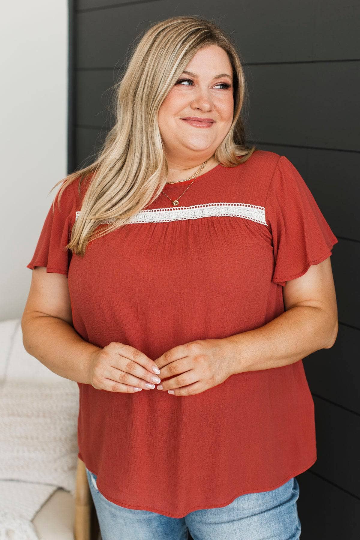 Prim & Proper Flutter Sleeve Top- Dark Terracotta - Image 3