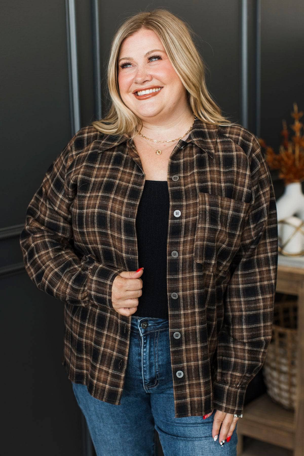 Promises To You Plaid Button Top- Brown