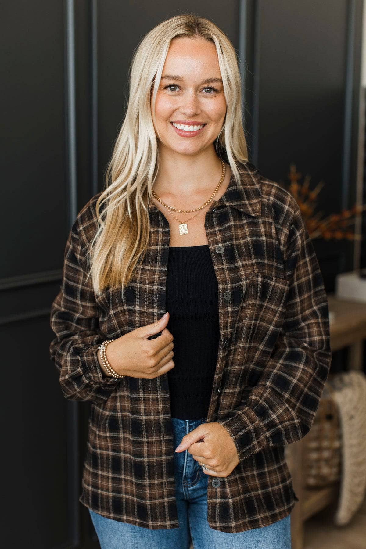 Promises To You Plaid Button Top- Brown - Image 2