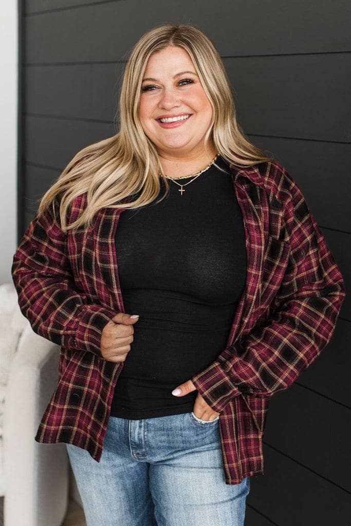 Promises To You Plaid Button Top- Wine - Image 3