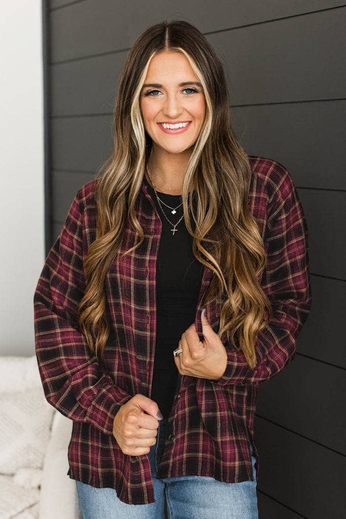 Promises To You Plaid Button Top- Wine - Image 4