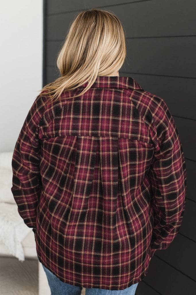 Promises To You Plaid Button Top- Wine - Image 7