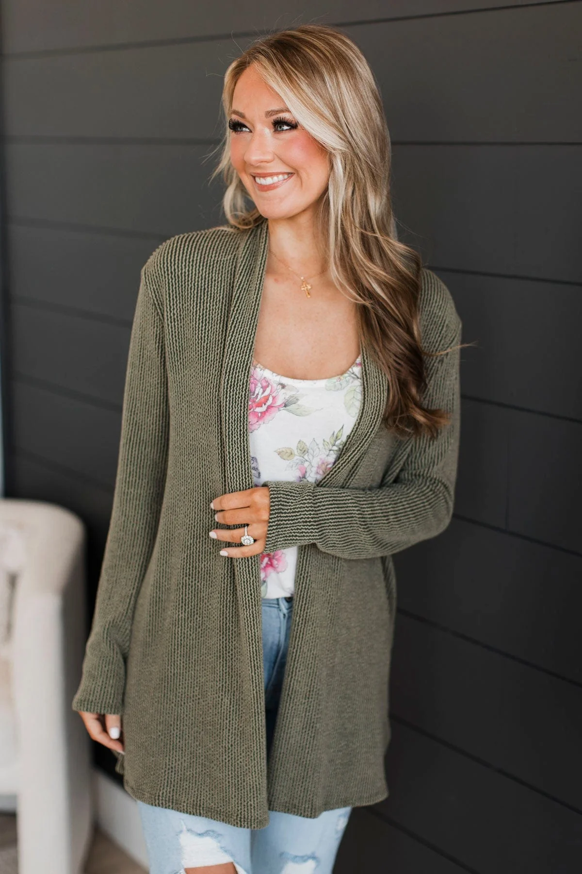Protect My Heart Ribbed Cardigan- Olive - Image 3