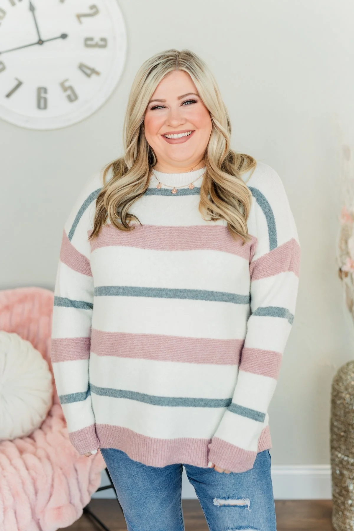 Proud Of Myself Striped Sweater- Ivory, Mauve, & Navy - Image 3