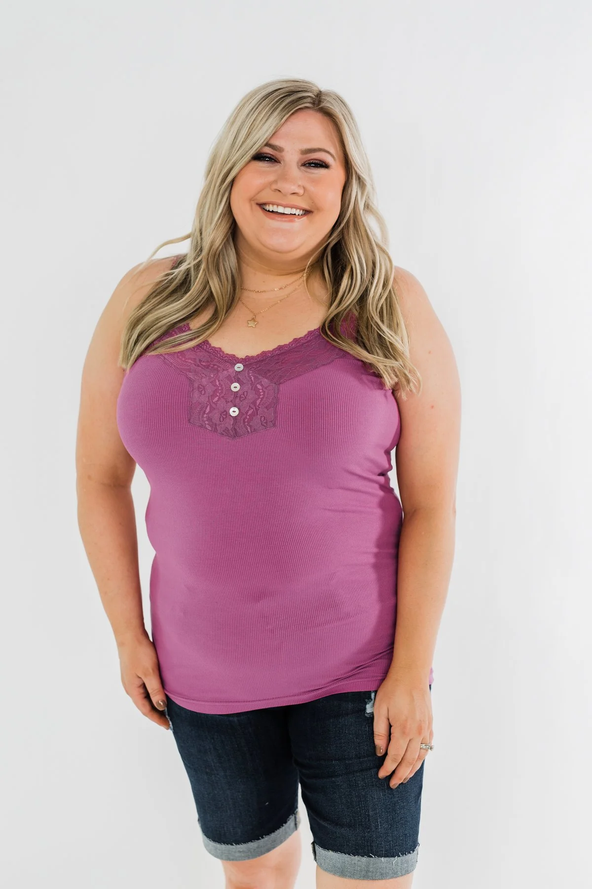Pulse Basics Lace Trim Button Tank- Magenta - Image 6