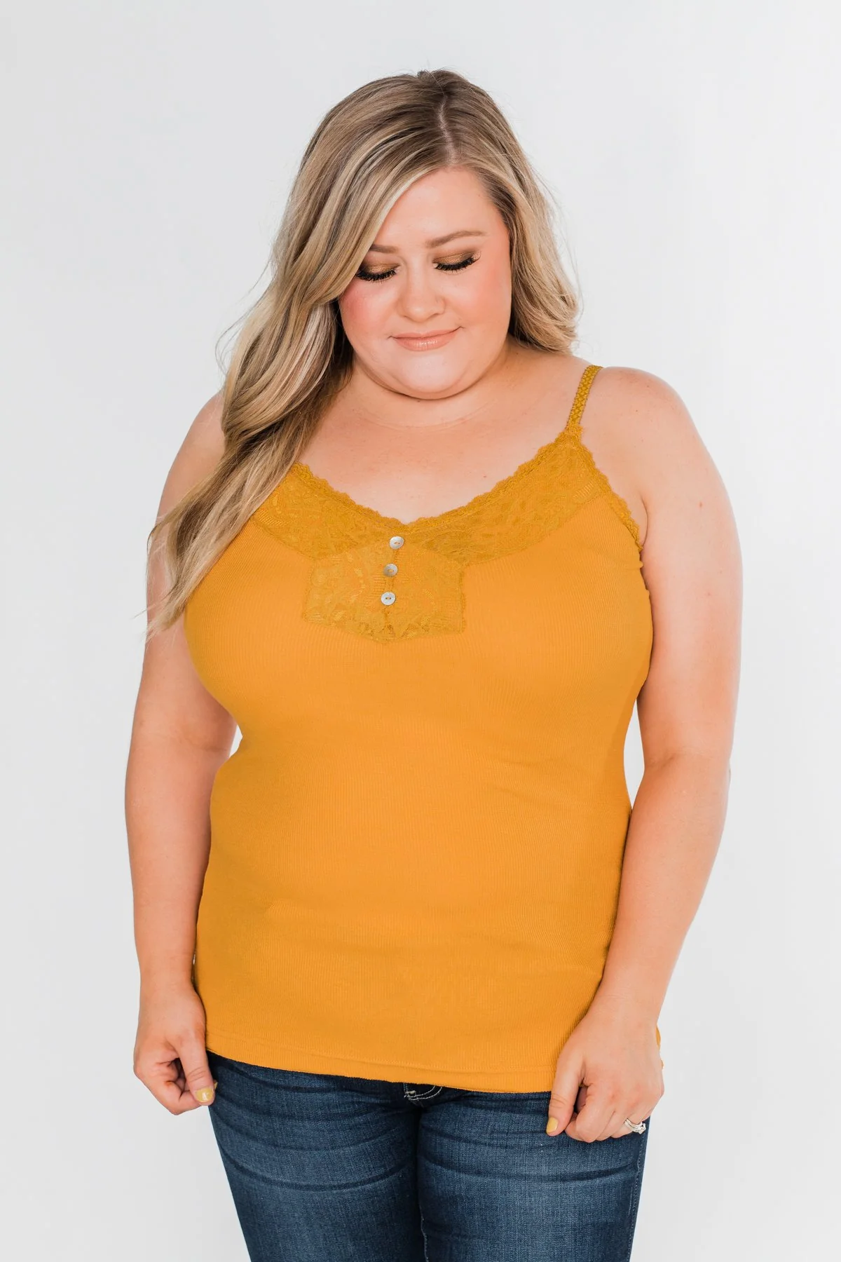 Pulse Basics Lace Trim Button Tank- Mustard - Image 6