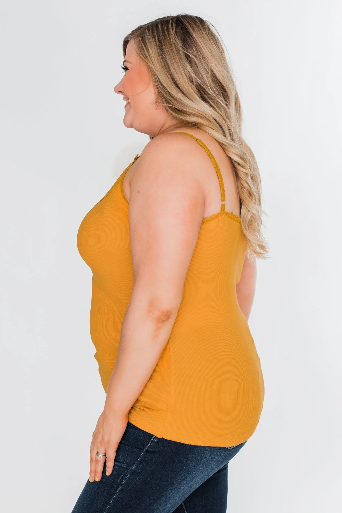 Pulse Basics Lace Trim Button Tank- Mustard - Image 7