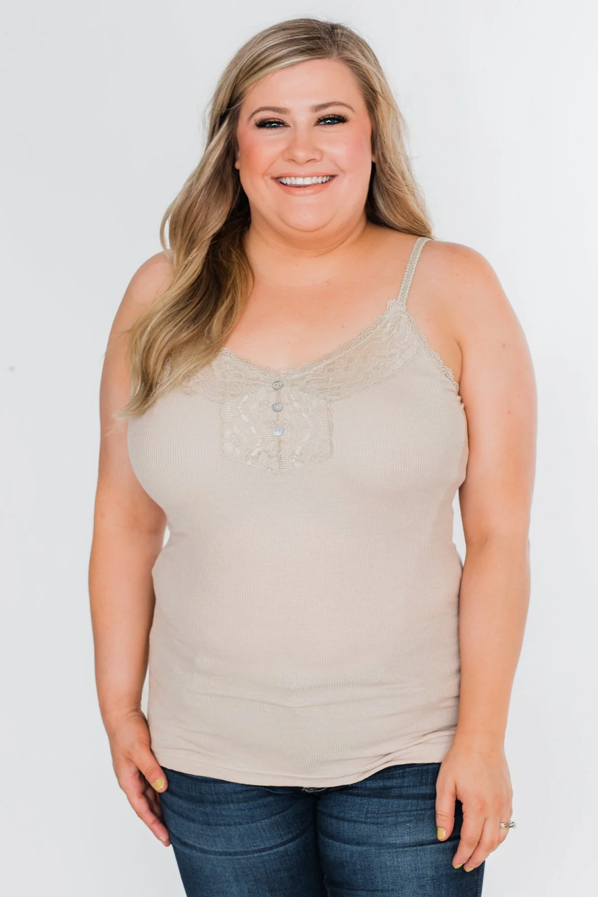 Pulse Basics Lace Trim Button Tank- Neutral - Image 2