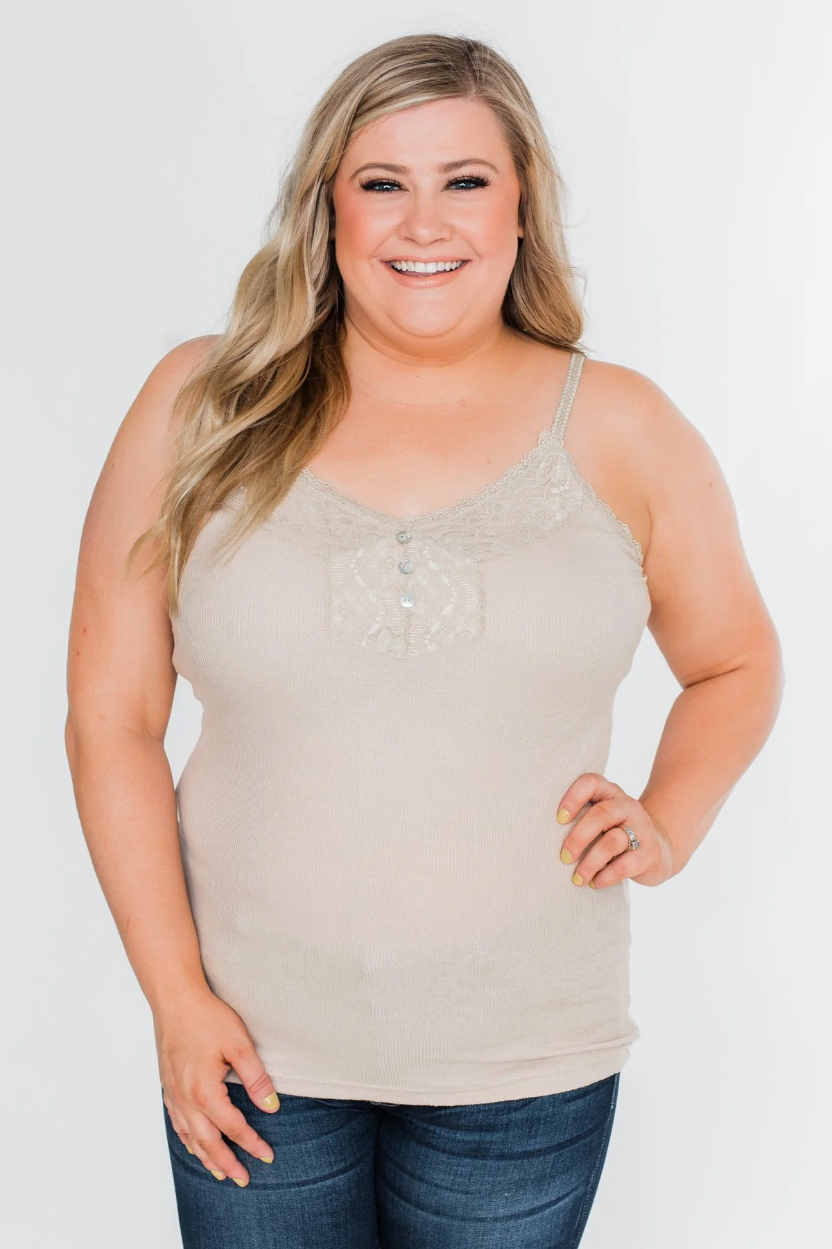 Pulse Basics Lace Trim Button Tank- Neutral - Image 6