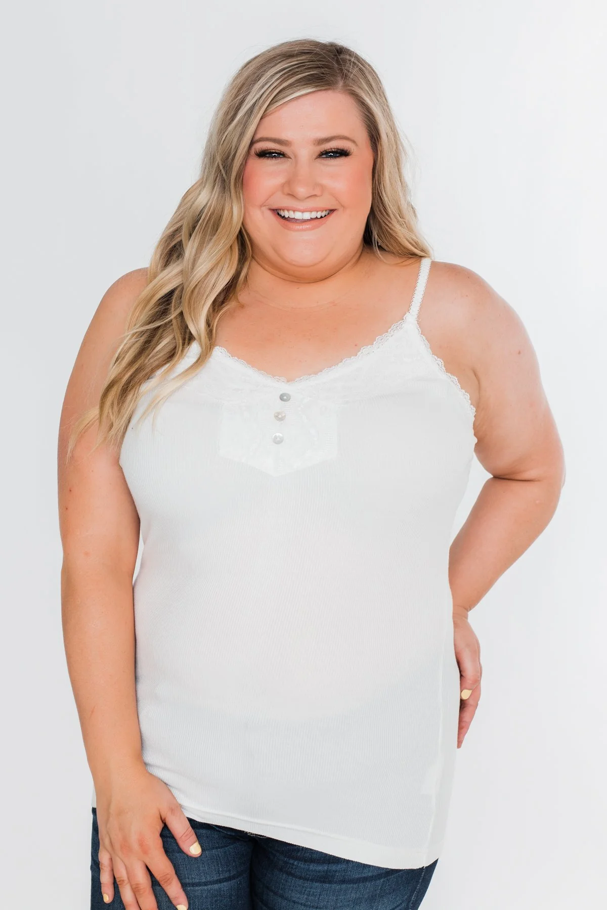 Pulse Basics Lace Trim Button Tank- White - Image 6