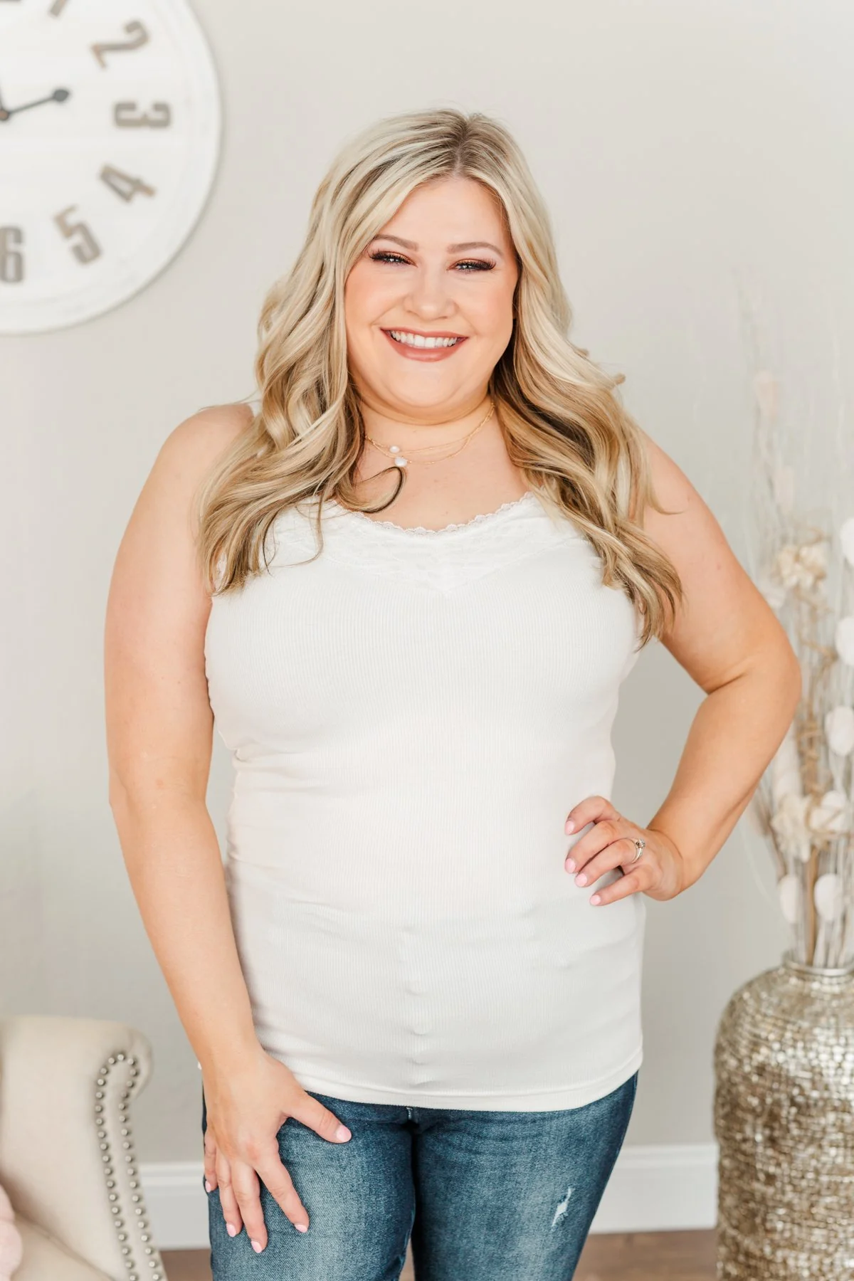 Pulse Basics Lace Trimmed Tank Top- Ivory - Image 3