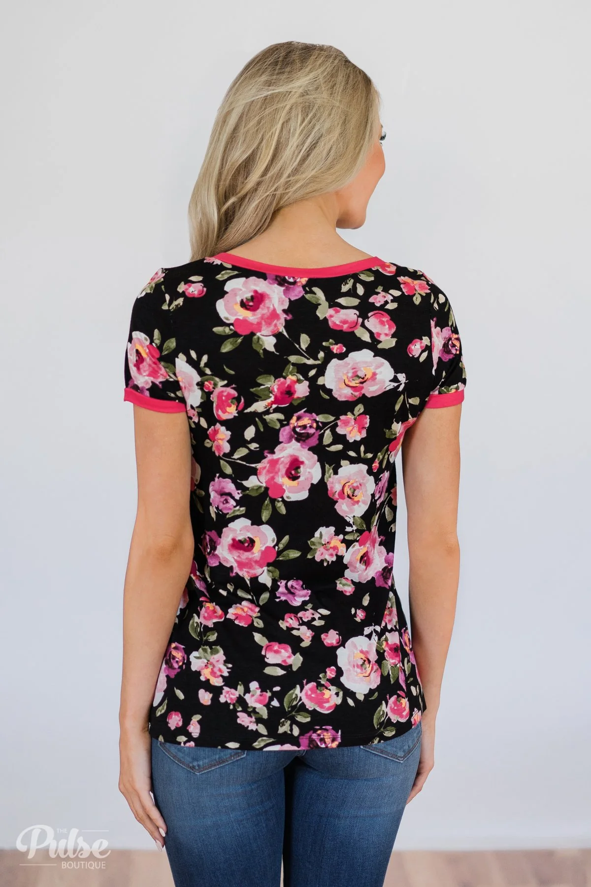 Borrow my Heart Floral V-Neck Pocket Top- Black - Image 6