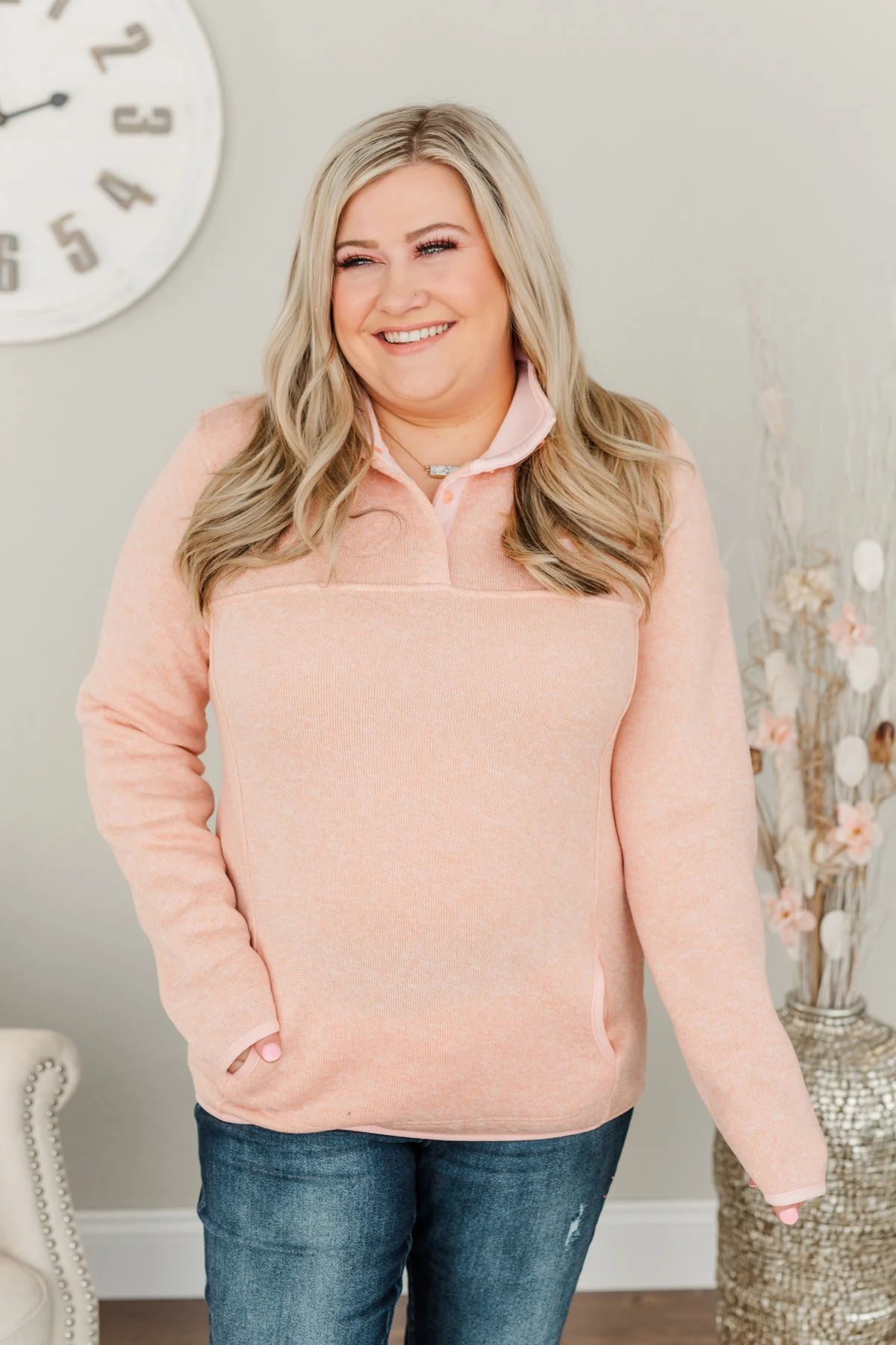 Pulse Exclusive Quarter Button Pullover- Peach - Image 5