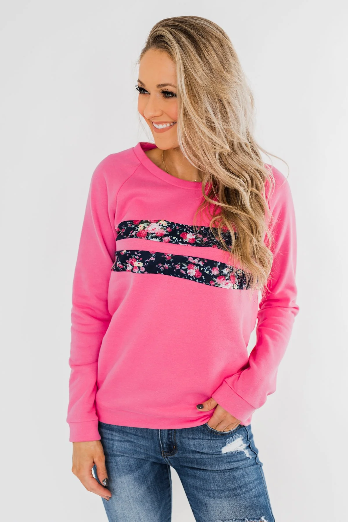 Pulse Exclusive Striped Floral Pullover- Pink & Navy - Image 3