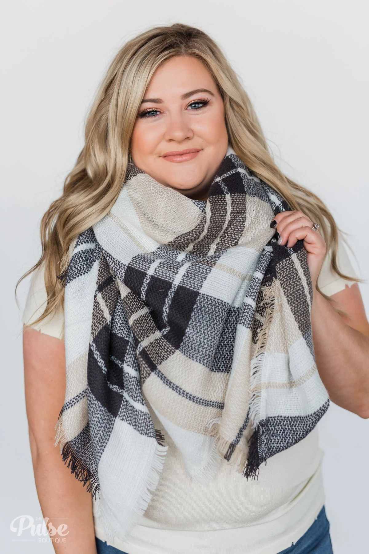 Pulse Perk - Blanket Scarf- Oatmeal, Gray, White - Image 5