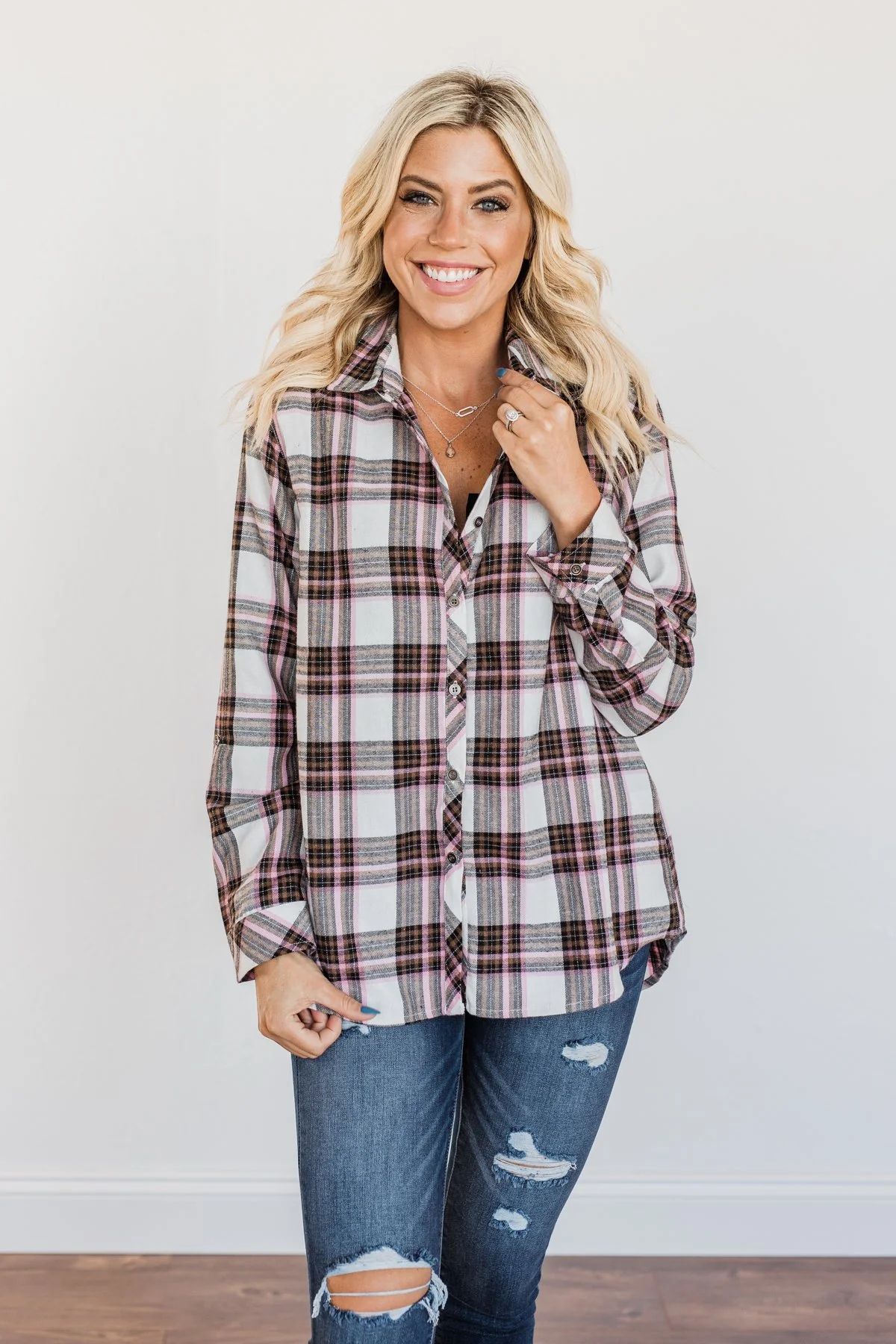 Pumpkin Farm Button Down Flannel- Pink & Ivory - Image 11