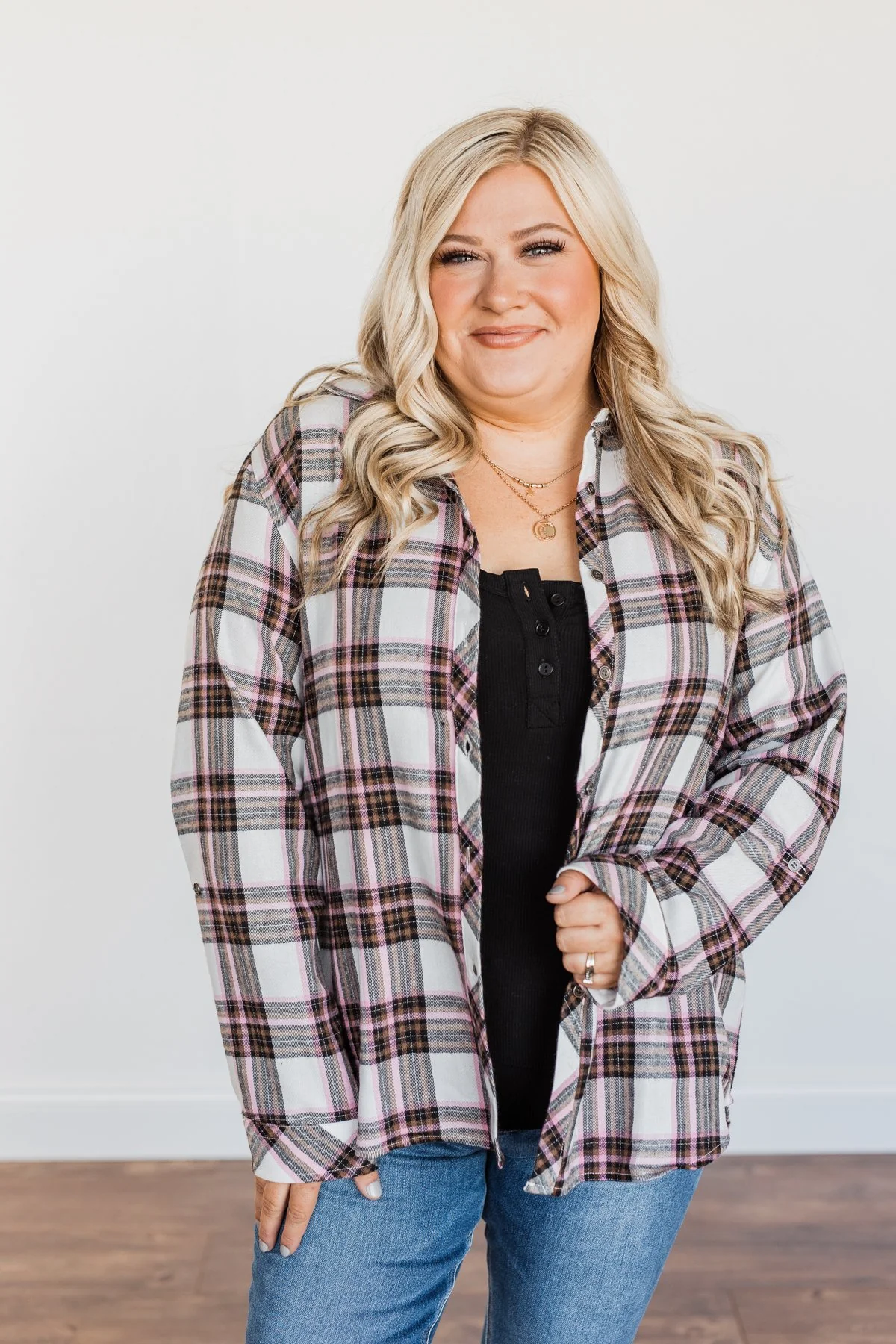 Pumpkin Farm Button Down Flannel- Pink & Ivory - Image 12