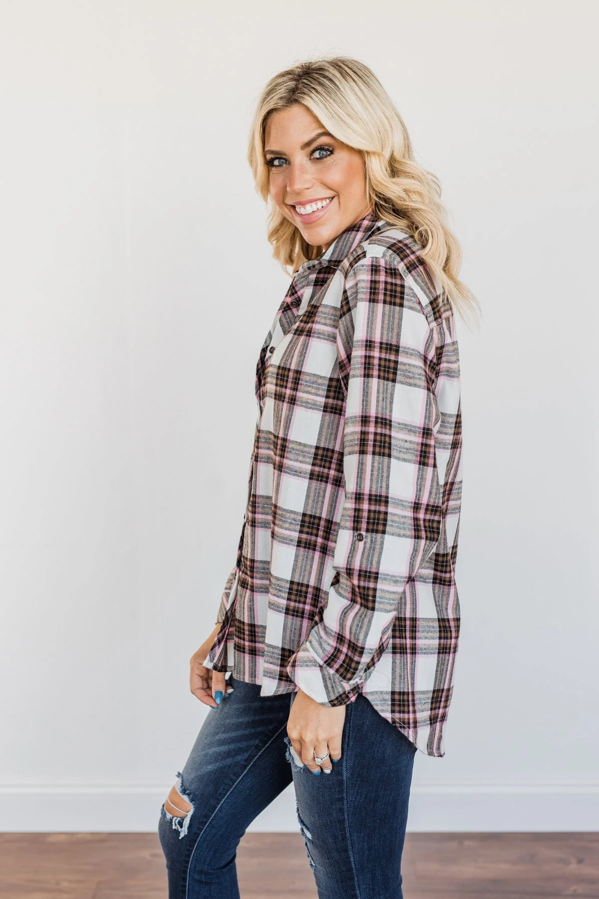 Pumpkin Farm Button Down Flannel- Pink & Ivory - Image 13