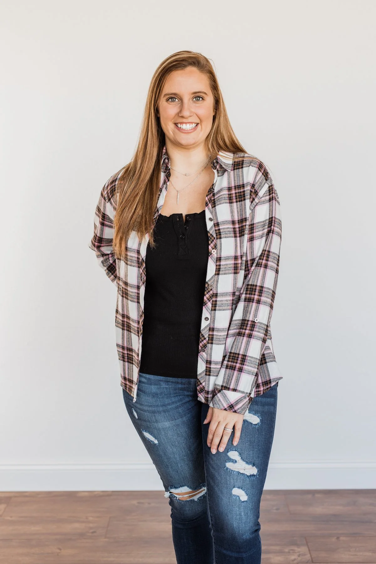 Pumpkin Farm Button Down Flannel- Pink & Ivory - Image 9