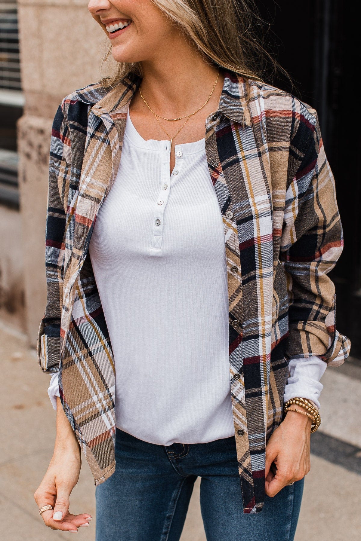Pumpkin Farm Button Down Flannel- Taupe & Navy - Image 12