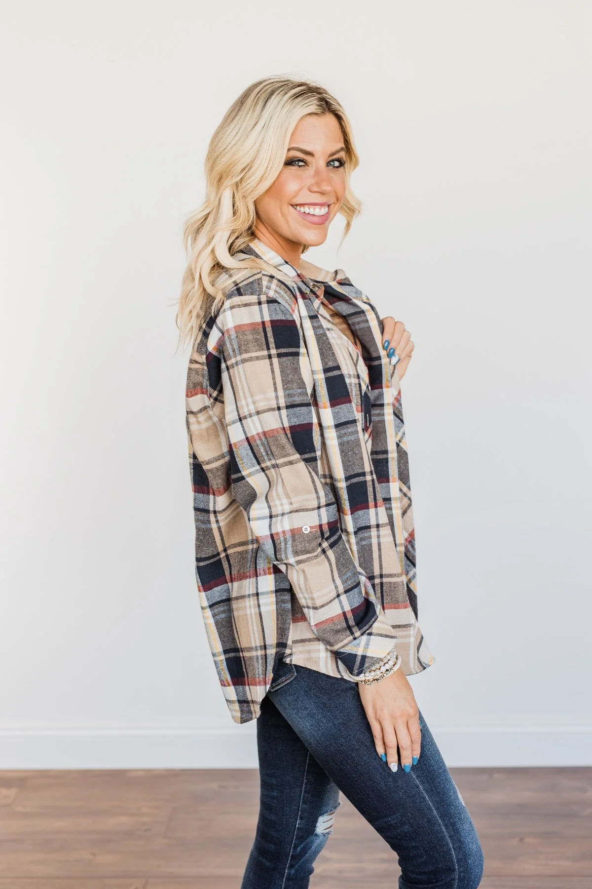 Pumpkin Farm Button Down Flannel- Taupe & Navy - Image 15