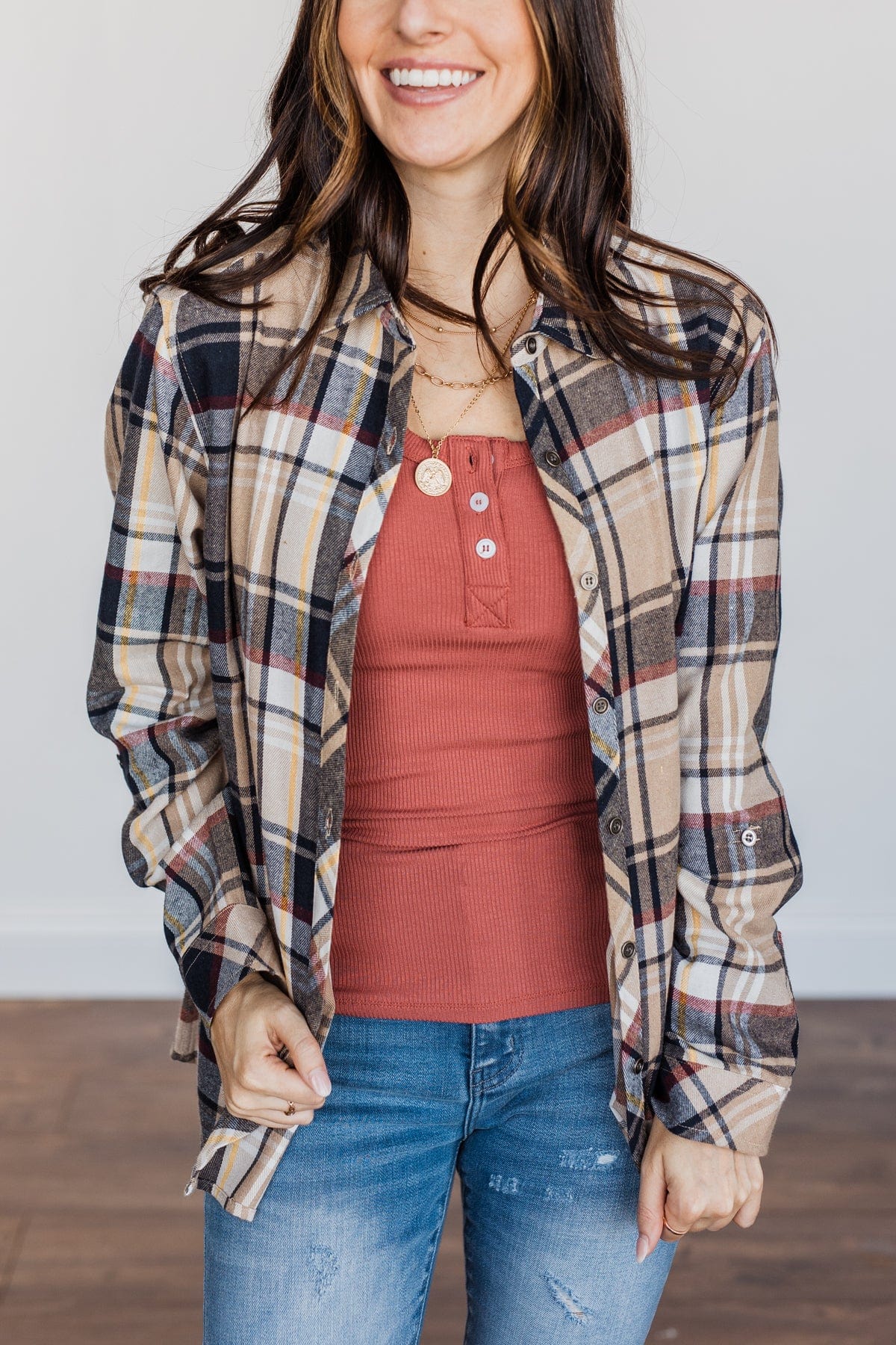 Pumpkin Farm Button Down Flannel- Taupe & Navy - Image 2
