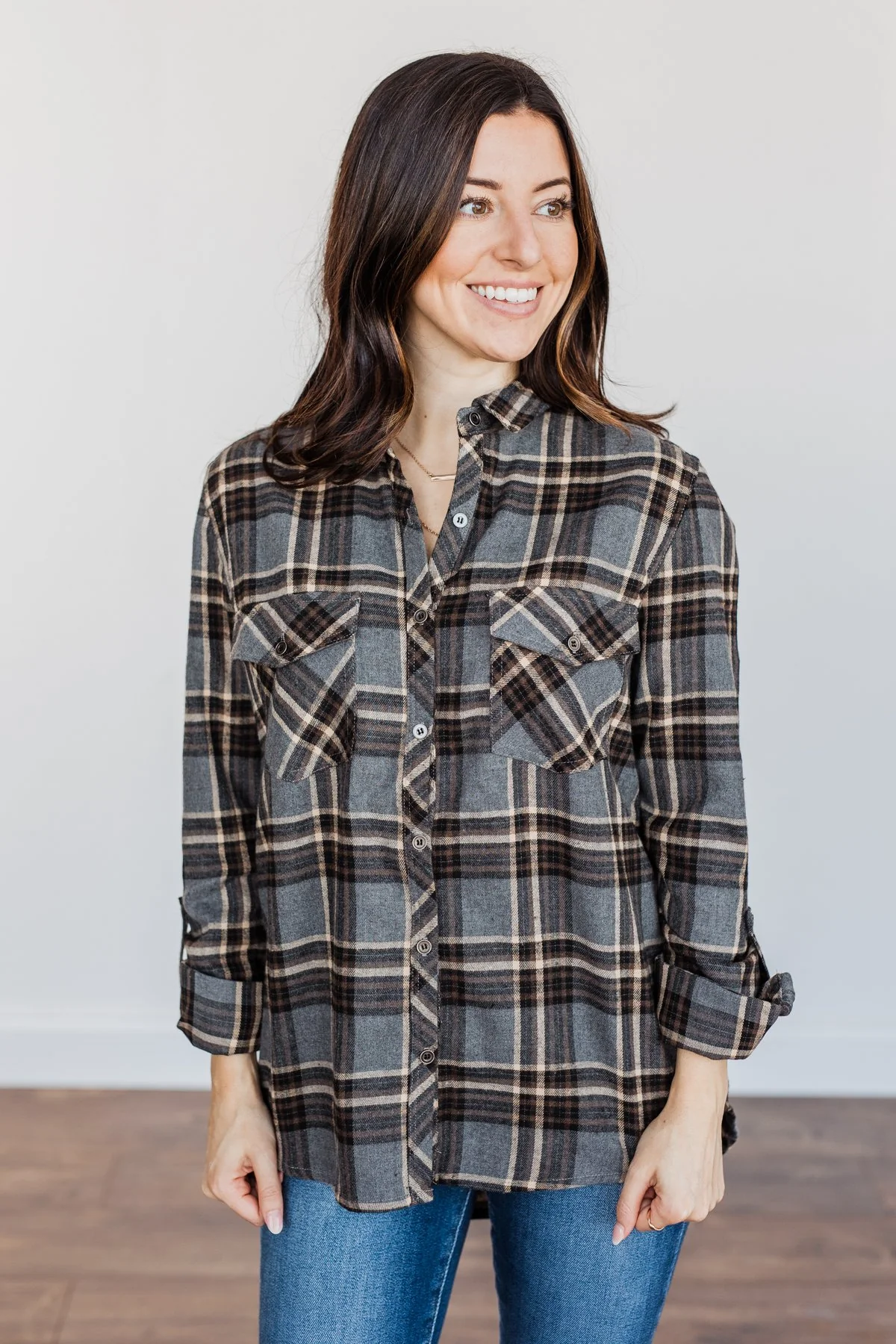 Pumpkin Farm Button Down Flannel- Charcoal, Tan, & Black - Image 3