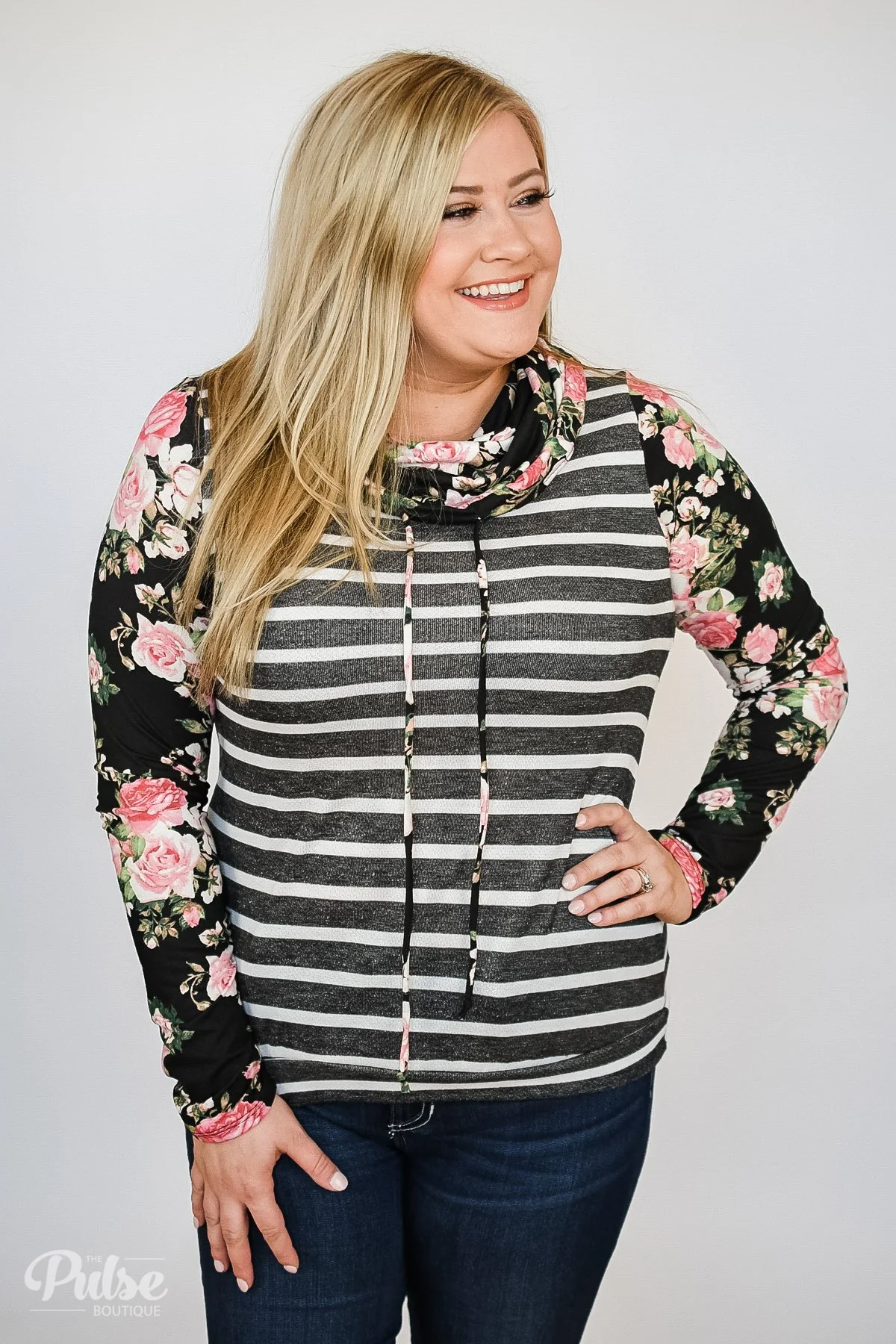 Pure Beauty Floral & Striped Cowl Neck Top- Black - Image 4