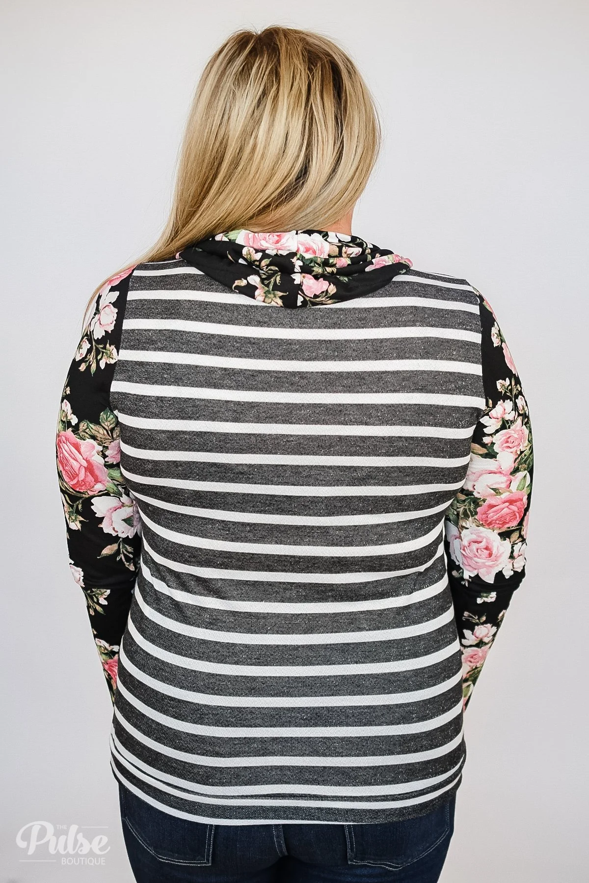 Pure Beauty Floral & Striped Cowl Neck Top- Black - Image 7