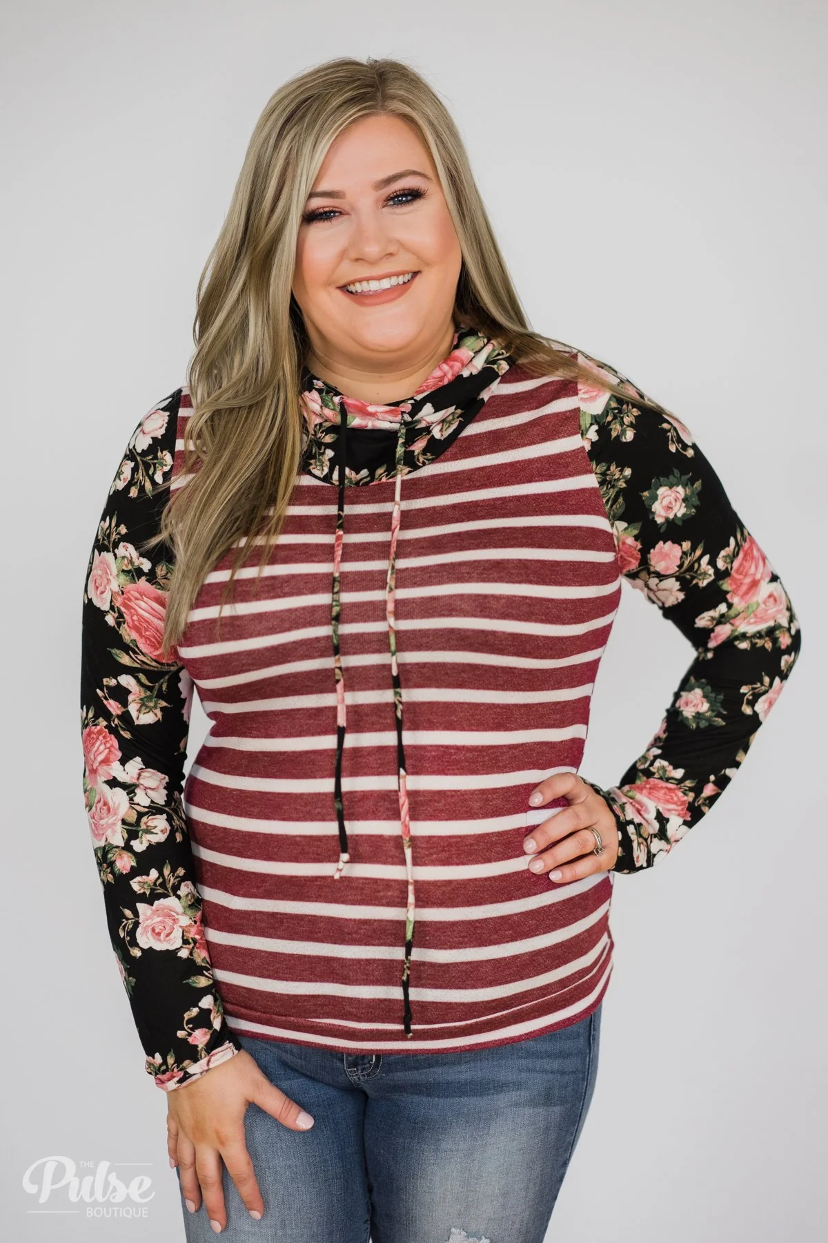 Pure Beauty Floral & Striped Cowl Neck Top- Black & Burgundy - Image 2