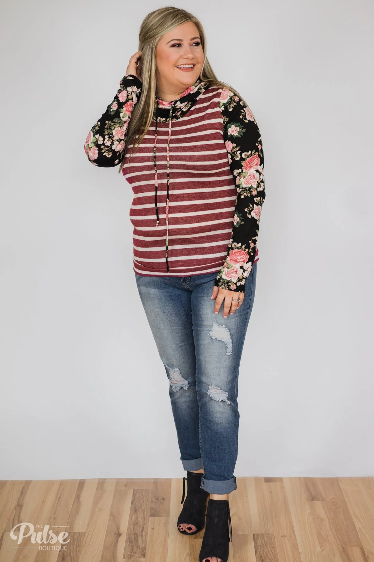 Pure Beauty Floral & Striped Cowl Neck Top- Black & Burgundy - Image 3