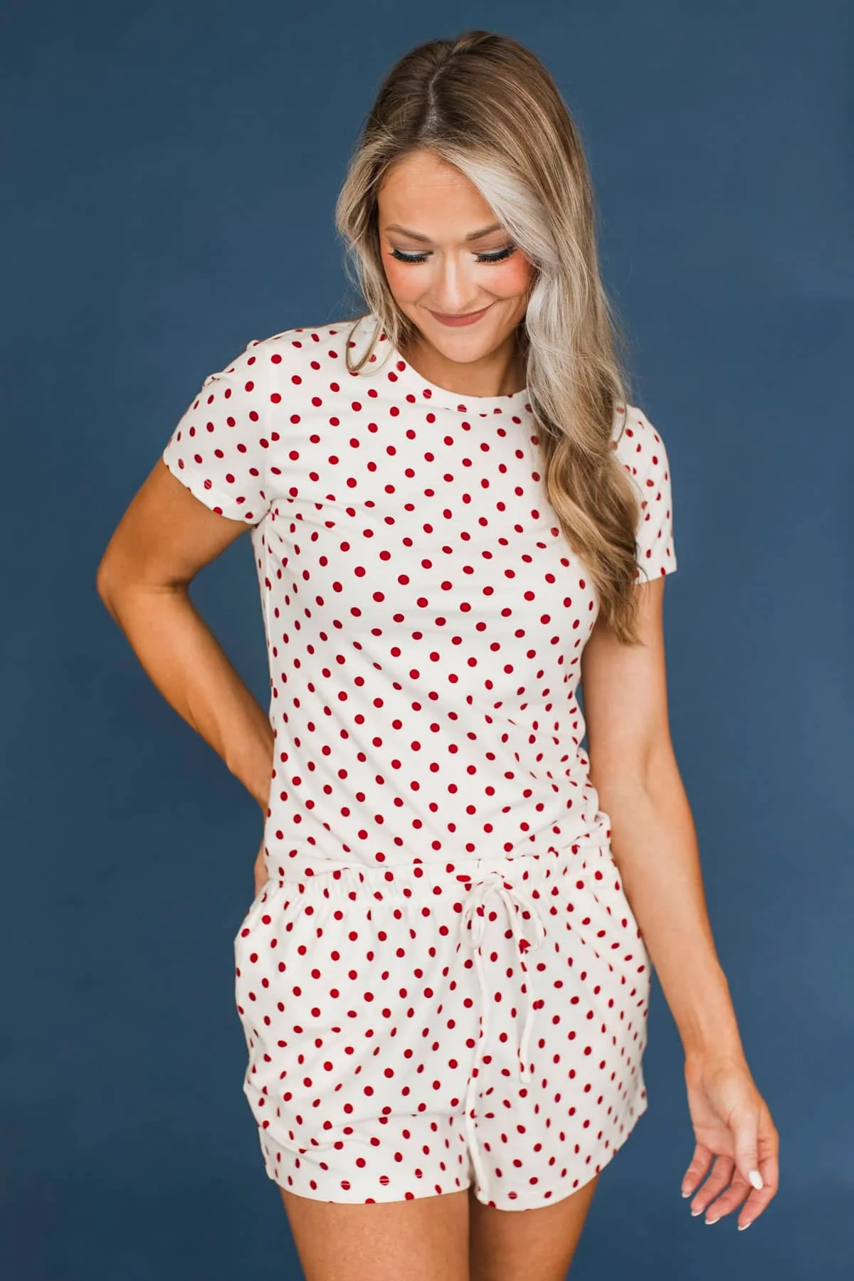 Pure Ease Polka Dot Short Sleeve Top- White & Red
