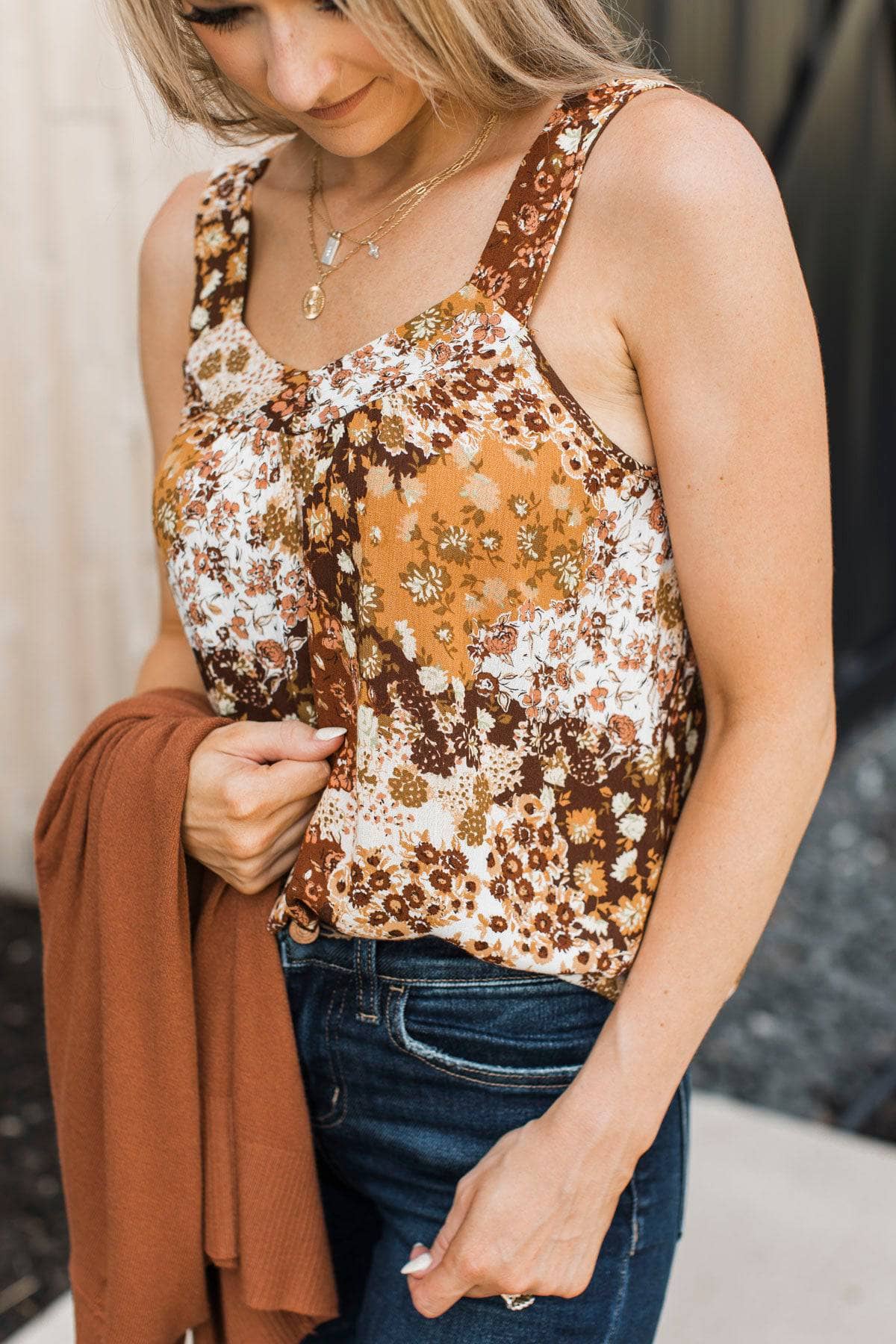 Pure Happiness Floral Patchwork Tank Top- Brown - Image 3