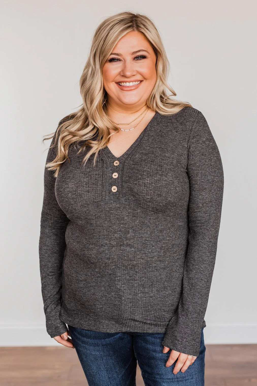 Pure Hearts Button Babydoll Top- Charcoal - Image 2