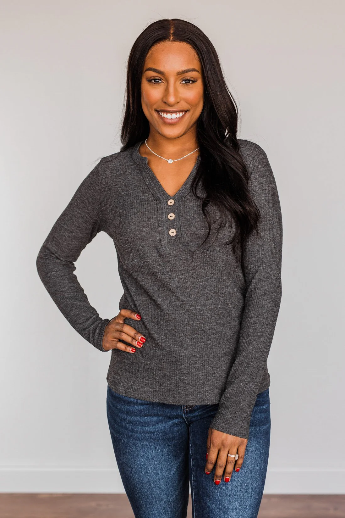 Pure Hearts Button Babydoll Top- Charcoal - Image 4