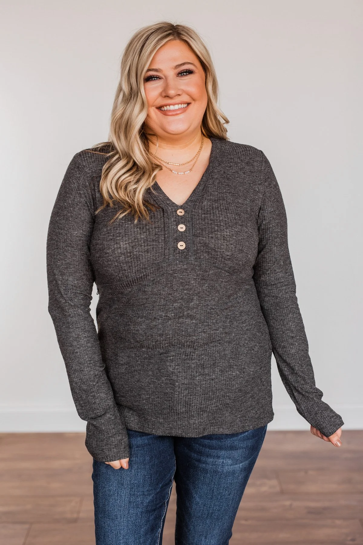 Pure Hearts Button Babydoll Top- Charcoal - Image 5