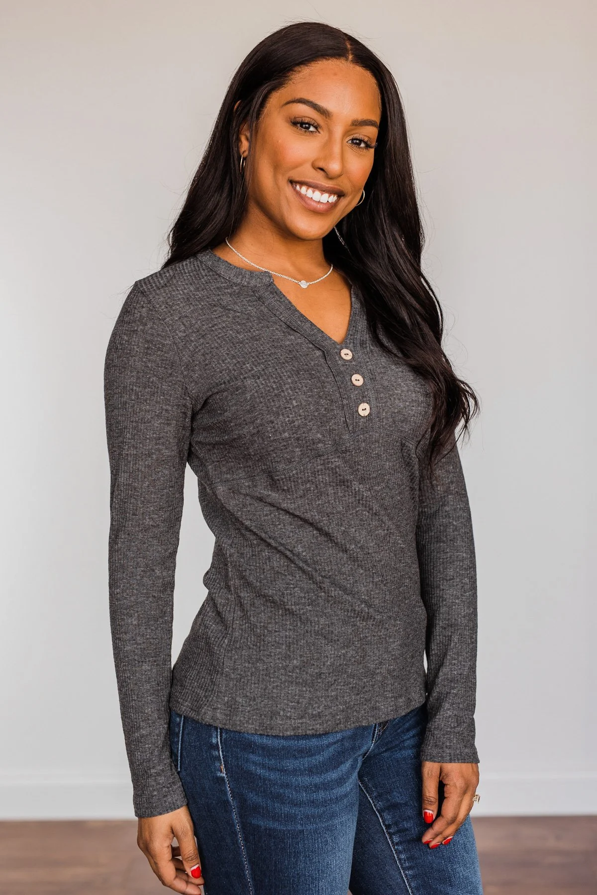 Pure Hearts Button Babydoll Top- Charcoal - Image 7