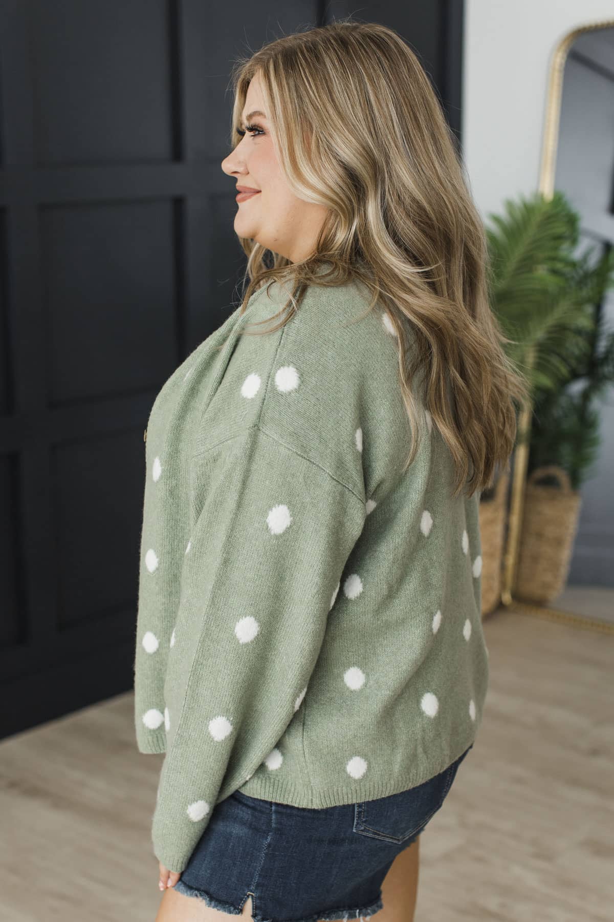 Pure Love Polka Dot Knit Button Cardigan- Sage - Image 6