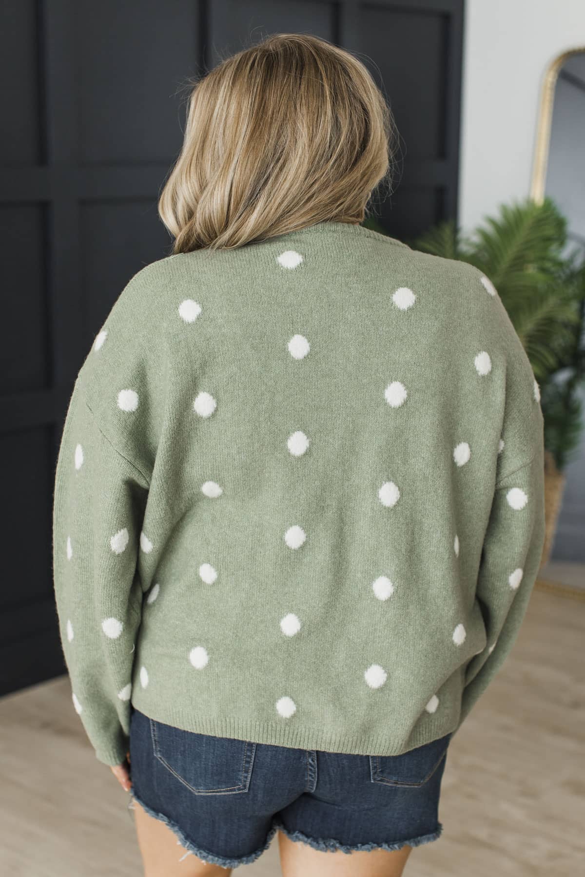 Pure Love Polka Dot Knit Button Cardigan- Sage - Image 8
