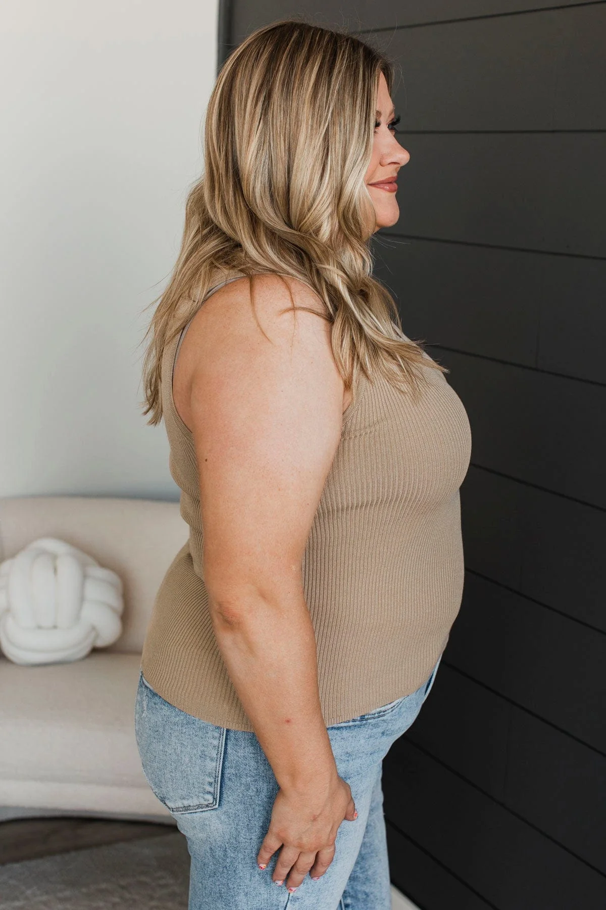 Pure Loveliness Ribbed Tank Top- Tan - Image 5