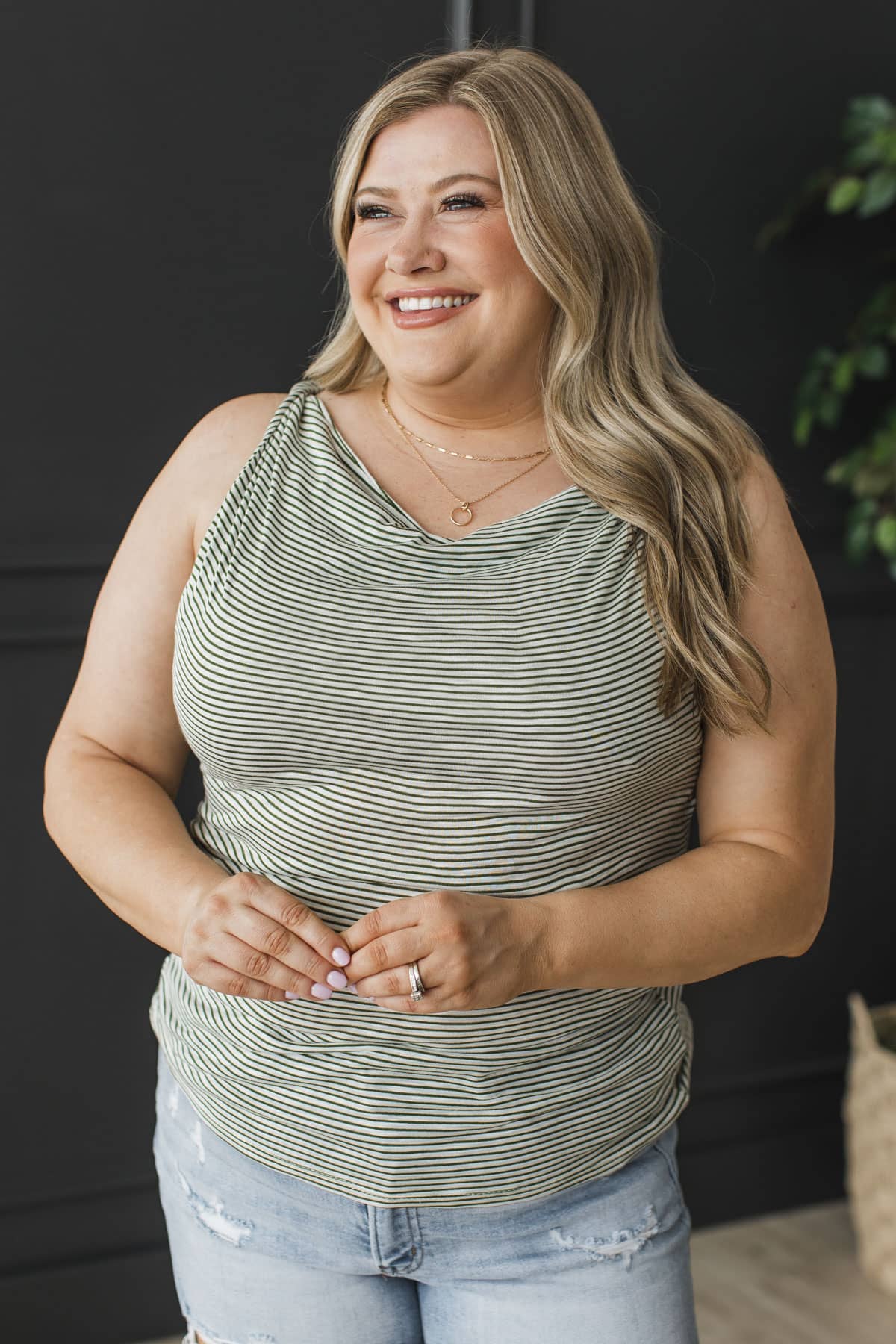 Purely You Cowl Neck Tank Top- Ivory & Green