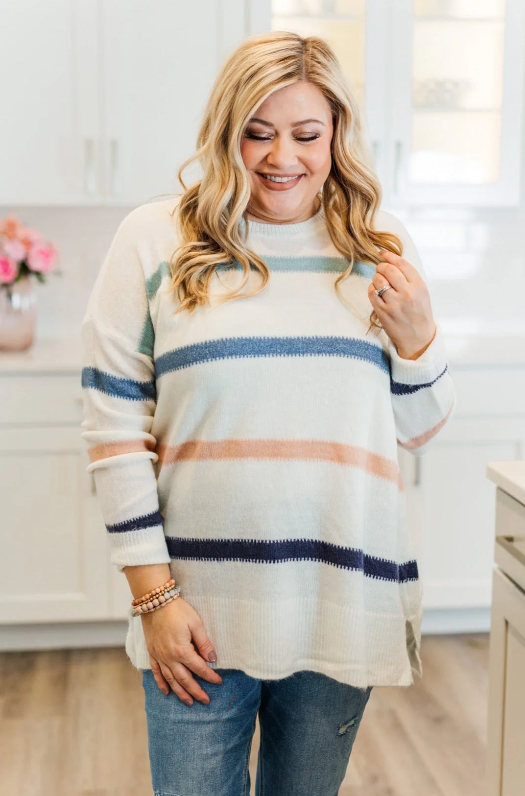 Pushing The Limits Striped Knit Sweater- Ivory & Blue - Image 3