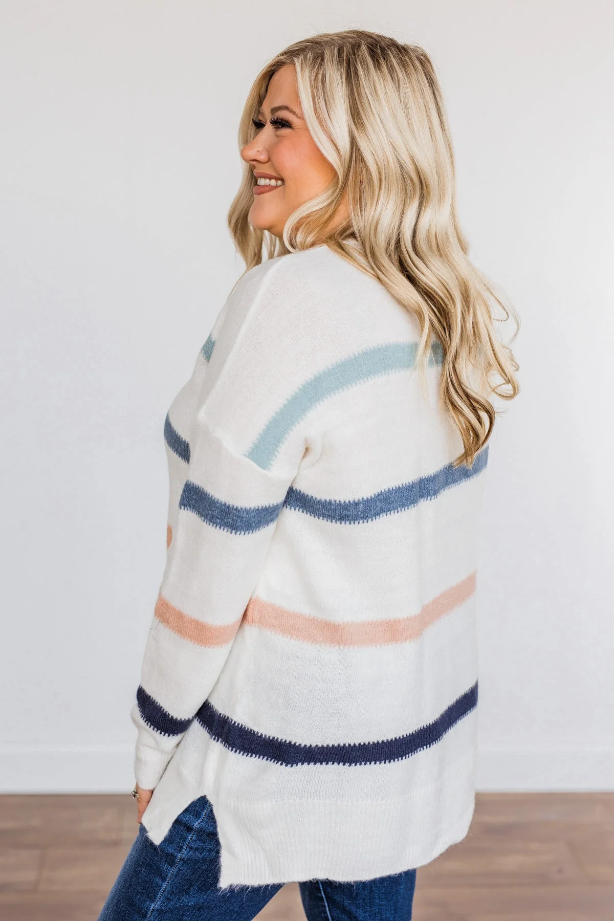 Pushing The Limits Striped Knit Sweater- Ivory & Blue - Image 7
