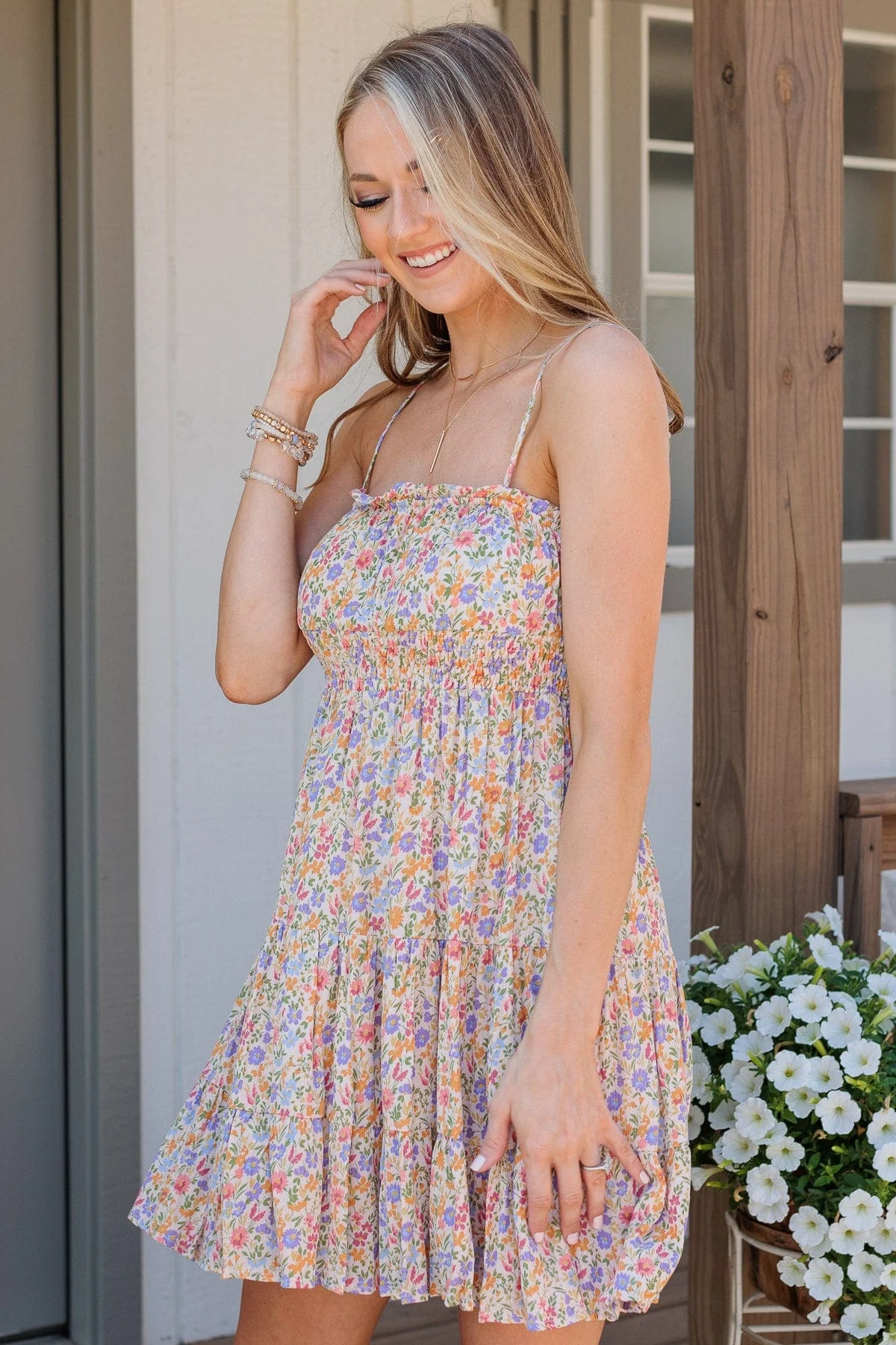 Put A Ring On It Smocked Dress- Orange & Lavender - Image 6