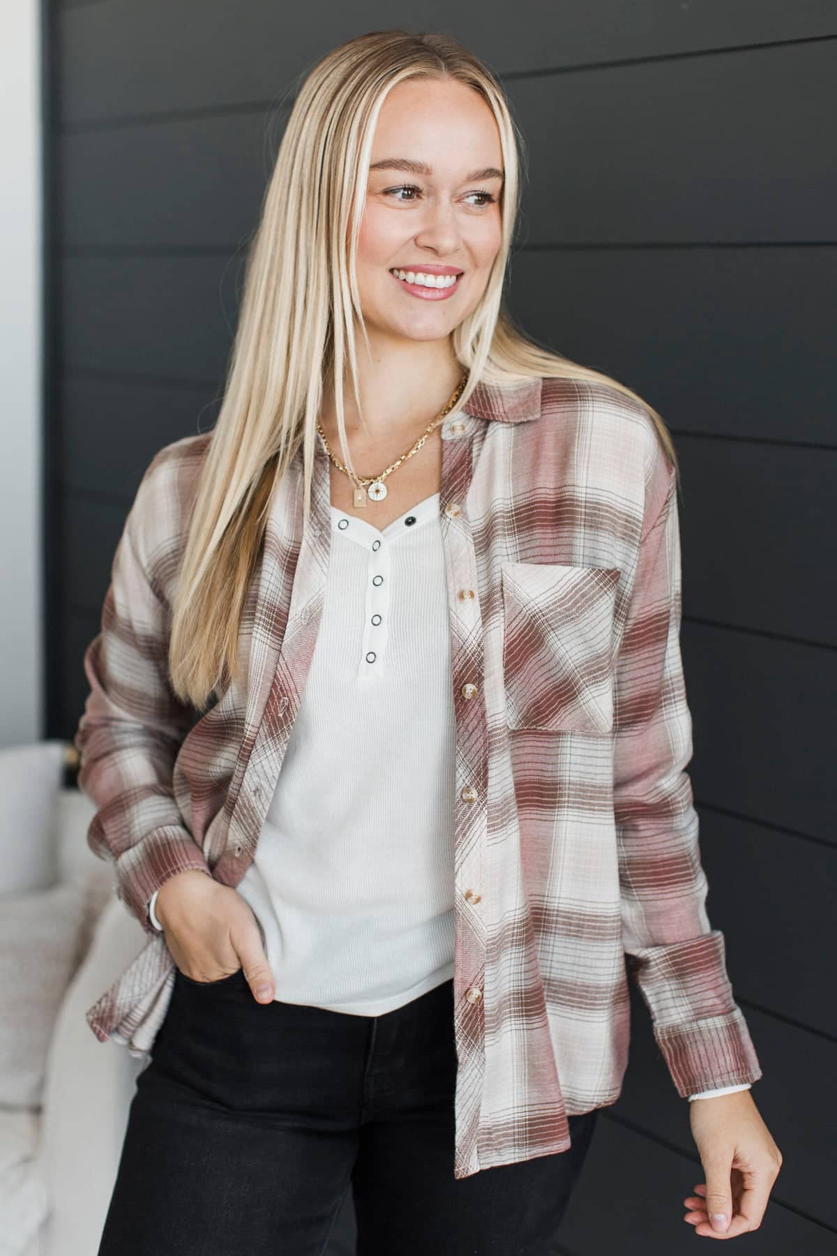 Put In The Effort Plaid Button Top- Dusty Pink - Image 3