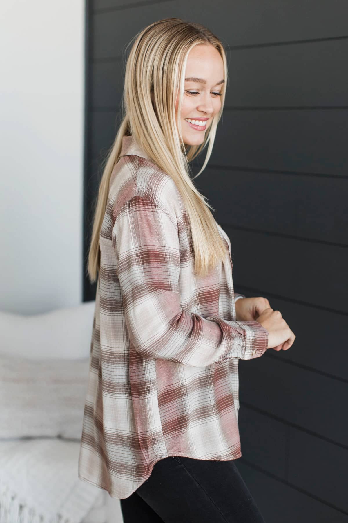 Put In The Effort Plaid Button Top- Dusty Pink - Image 5