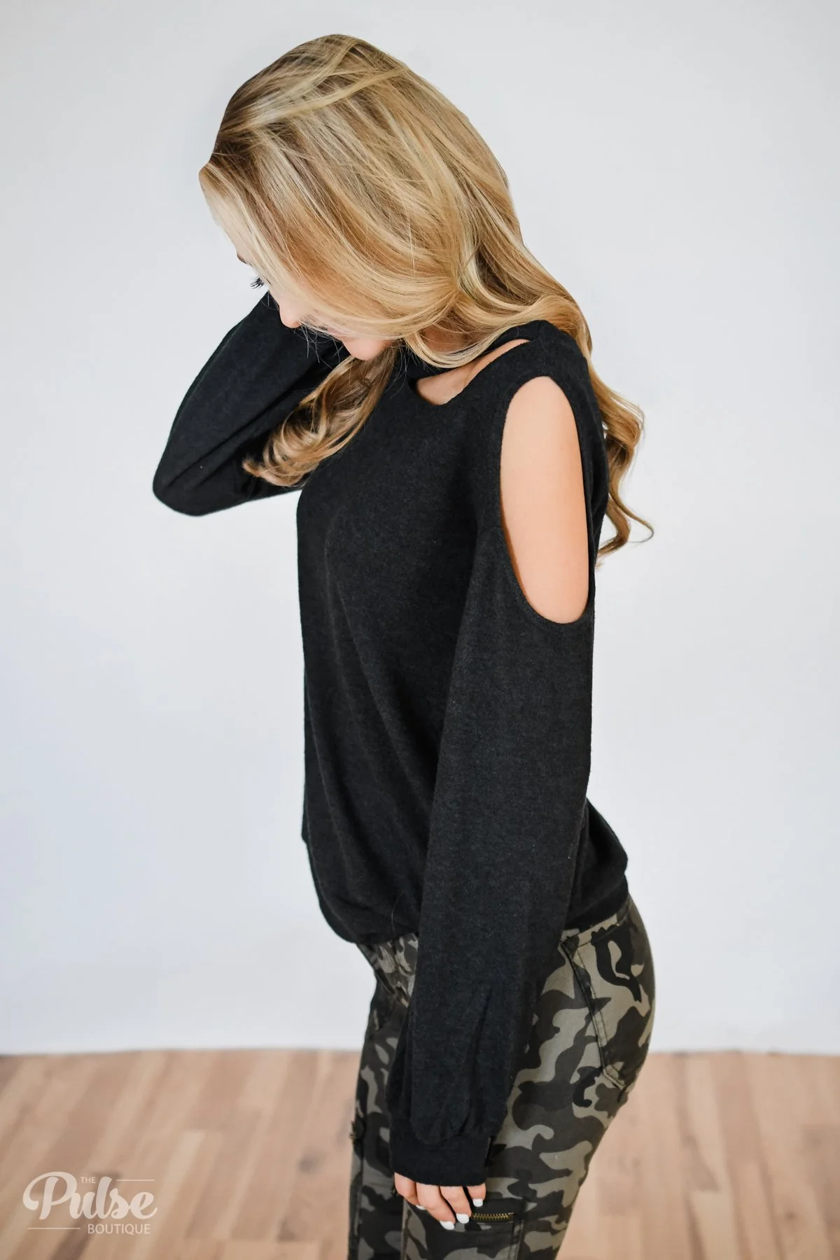 Put it to the Side Cold Shoulder Top- Black Charcoal - Image 3