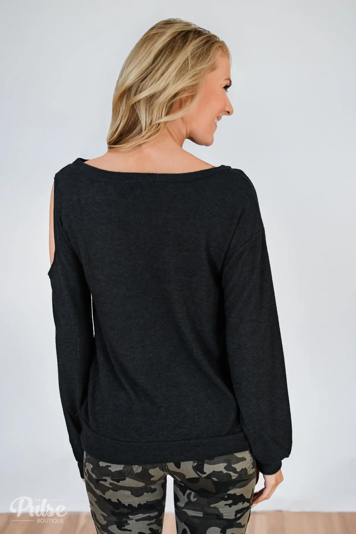 Put it to the Side Cold Shoulder Top- Black Charcoal - Image 4