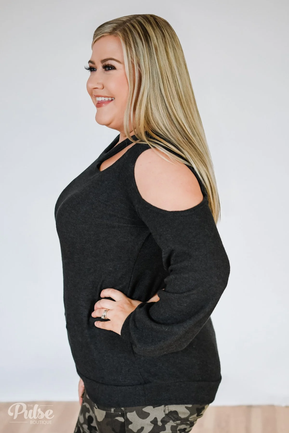 Put it to the Side Cold Shoulder Top- Black Charcoal - Image 7